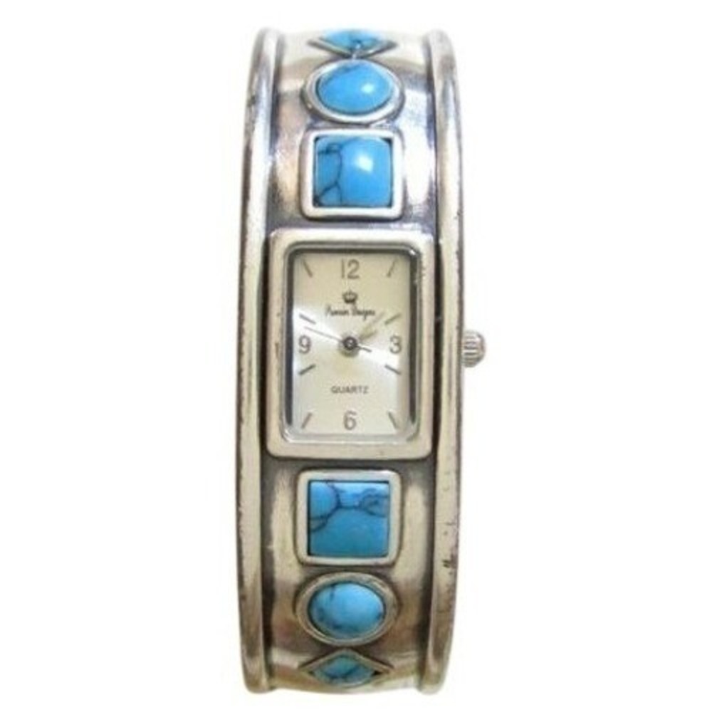 Signed Premier Designs Fauxโ Turquoise Cab Silver Plated Bangle Wristwatch